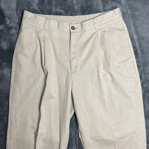LL Bean Double L Comfort Waist Flannel Lined Chinos Khaki‎ Pleated Mens 34x32